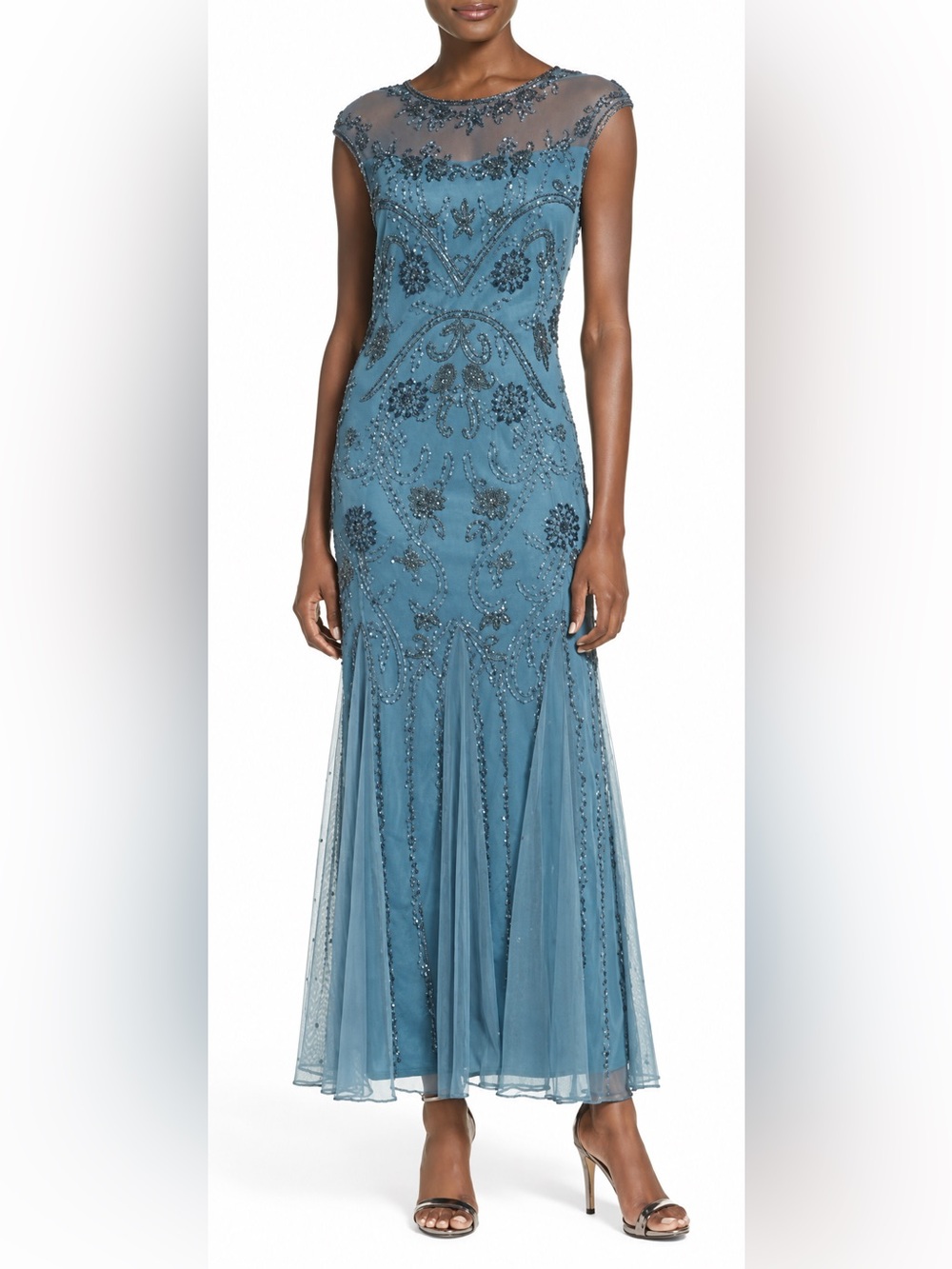 Pisarro Nights Teal Beaded Mesh Formal Gown Size 14 NWT Flaw